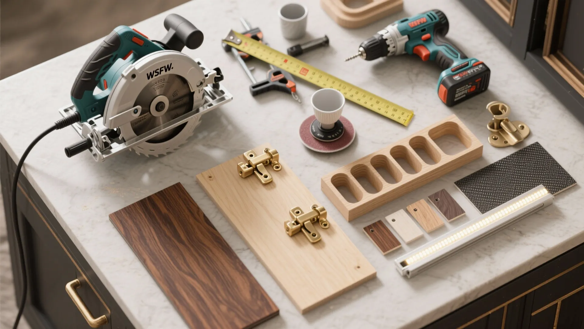 Table with power saw power drill wood samples metal hardware tape measure and light fixture