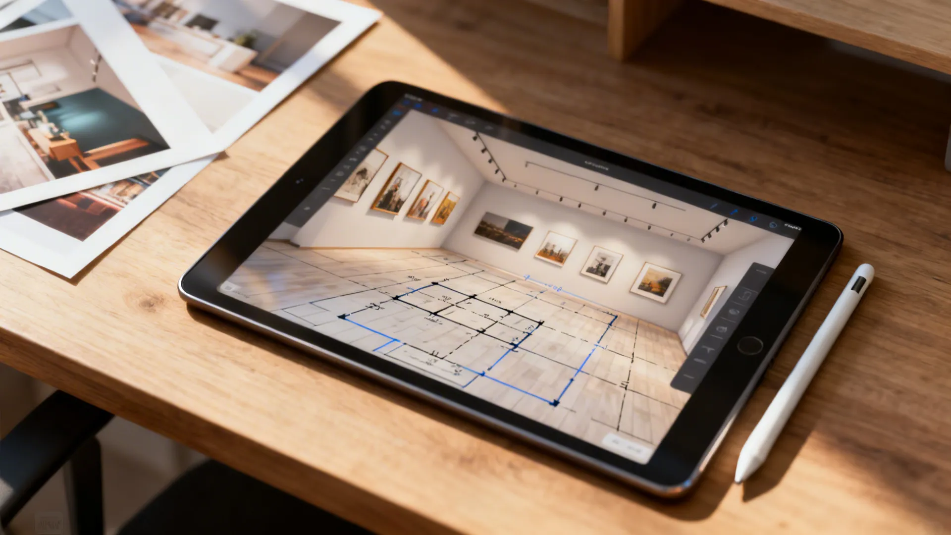 Tablet displaying interior design software showing room layout on wooden desk with white digital pen
