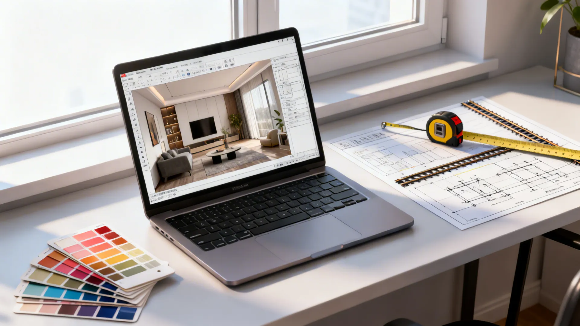 Workspace showing a 3D room planner on a laptop with color cards and measuring tools for blind planning.