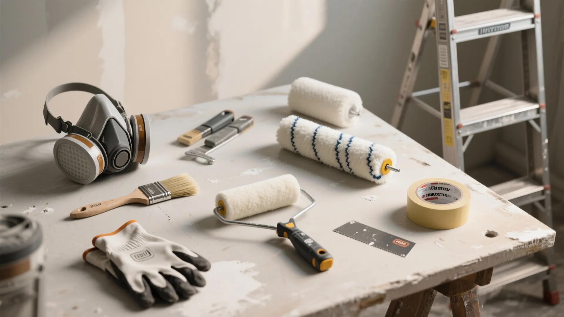 Safety mask work gloves paint rollers and brushes placed on a workbench with a ladder