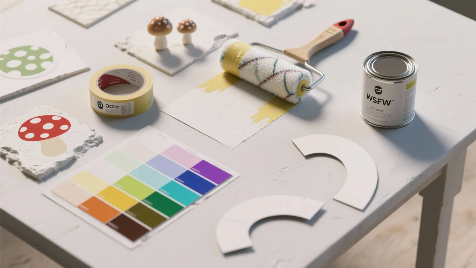 Paint roller, metal paint can, color palette, and yellow tape on white table for DIY