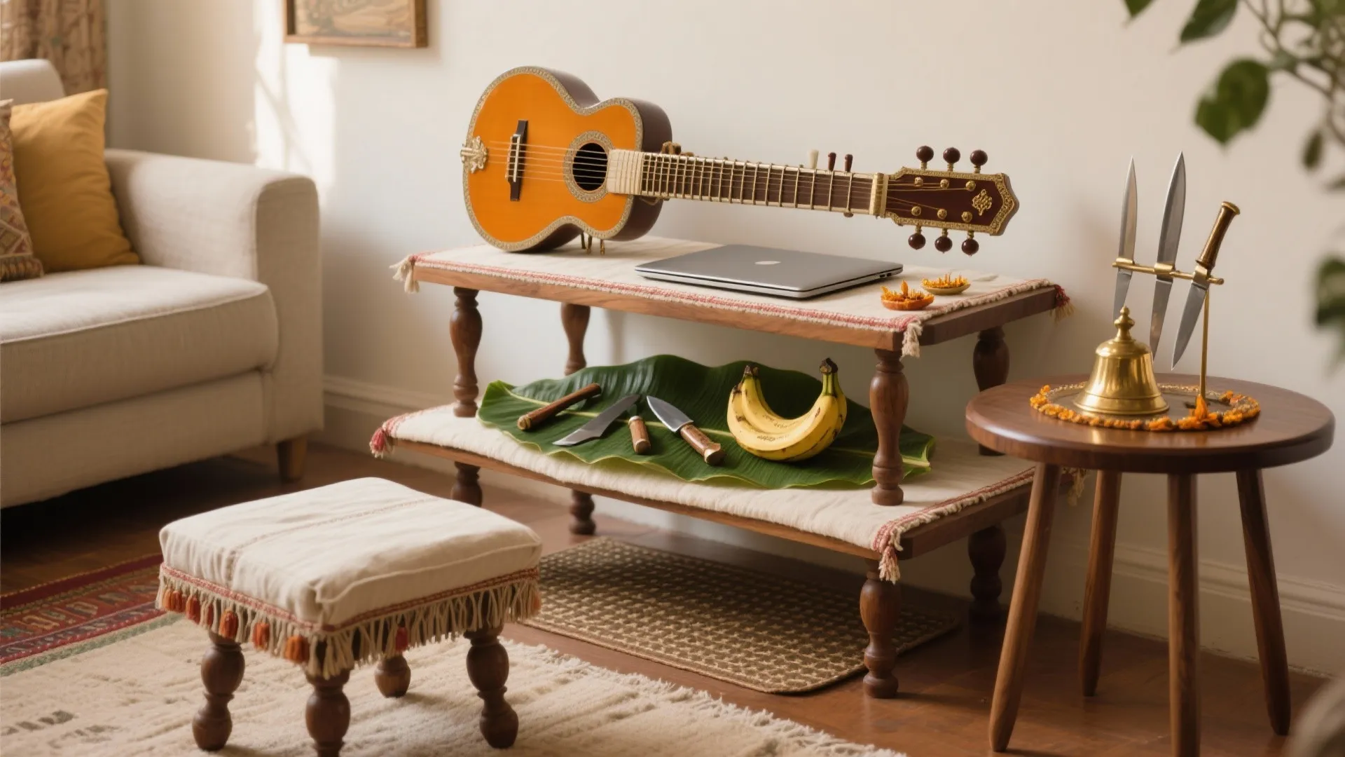 Wooden tiered stand with guitar and laptop next to a sofa and small fringed footrest
