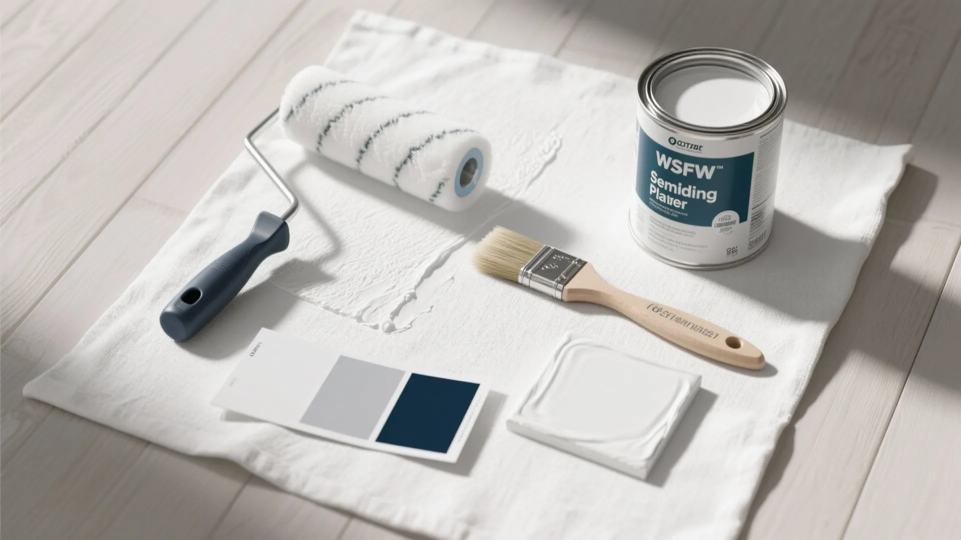 Paint roller, wood paintbrush, white paint can, and color swatches on a white fabric cloth