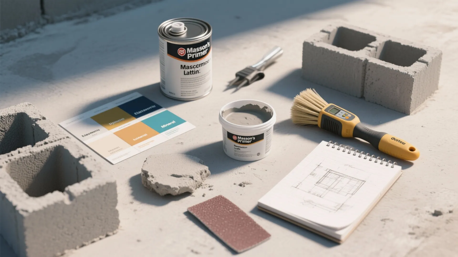 Flatlay of primer, paint swatches, moisture meter and tools illustrating FAQ topics for painting cinder block walls.