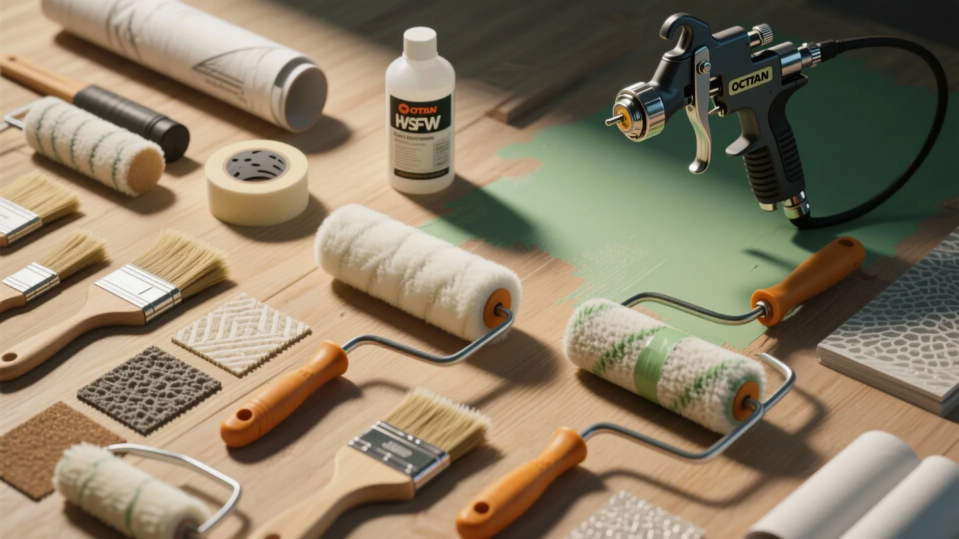 Various painting tools including rollers brushes and a spray gun laid out on wooden table
