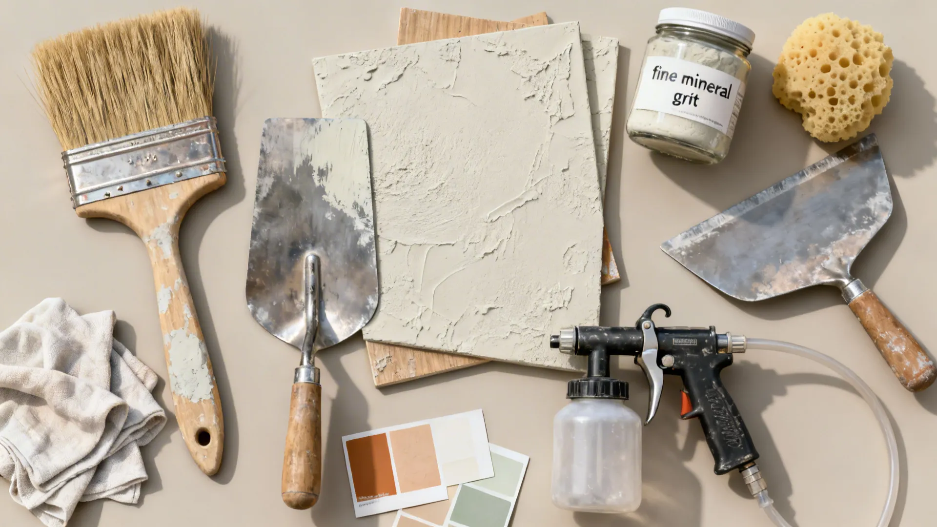 Flat lay of brushes, trowels, spray, rags, sponge, sample boards, and fine mineral grit.
