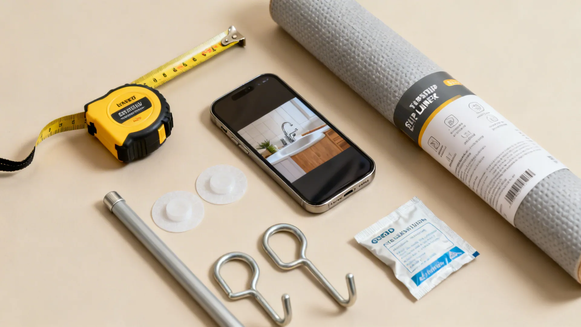 Flatlay of measuring tape, phone, non-slip liner, labels and tension rod for under-sink planning.