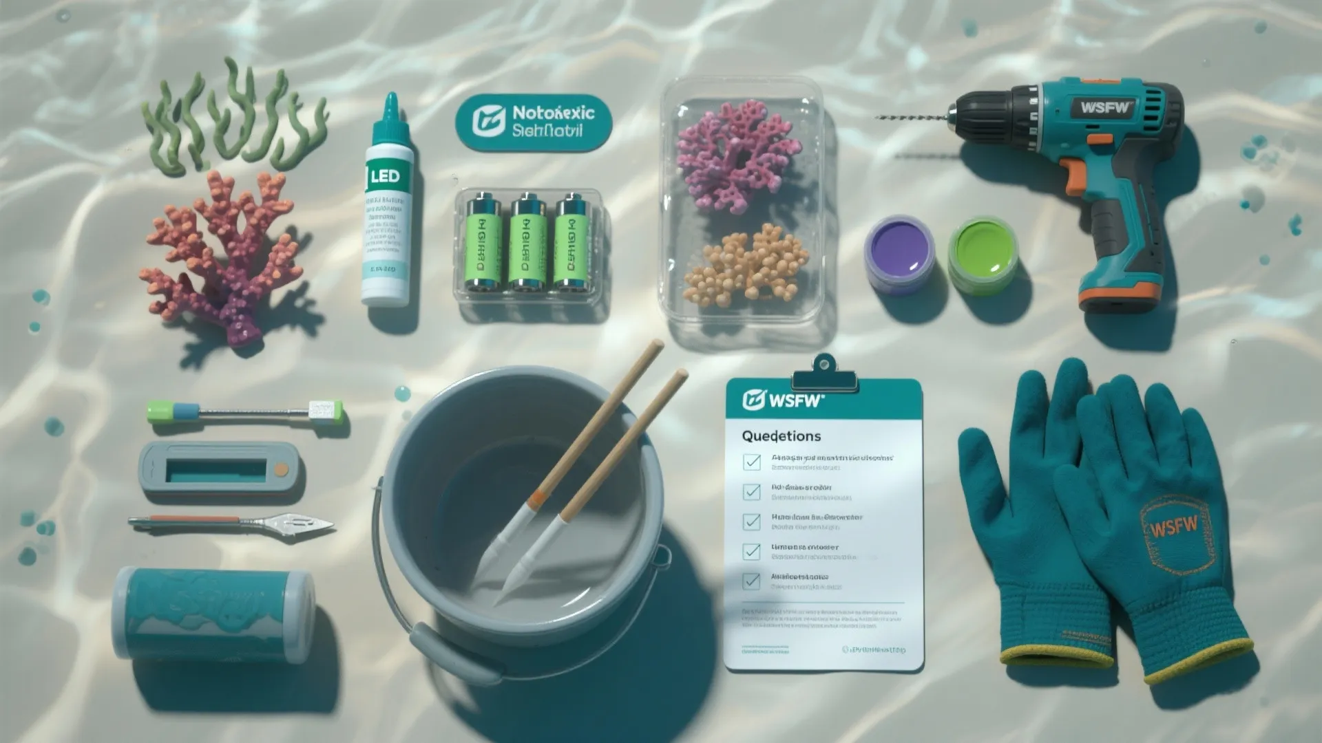 Top-down view of DIY tools including power drill, gloves, bucket, coral models, and a checklist
