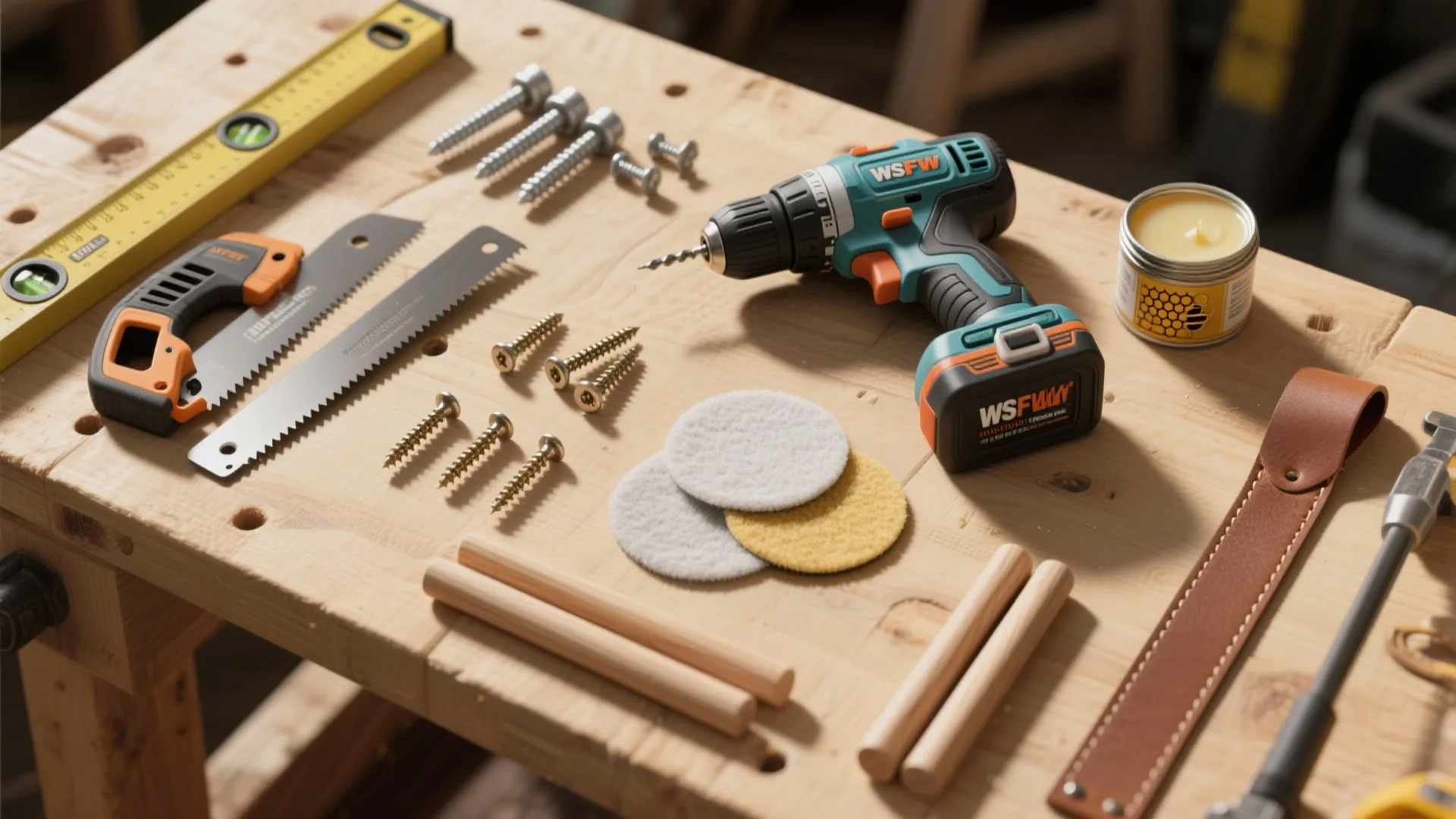Power drill with screws saws level and wooden dowels arranged on a light wood workbench