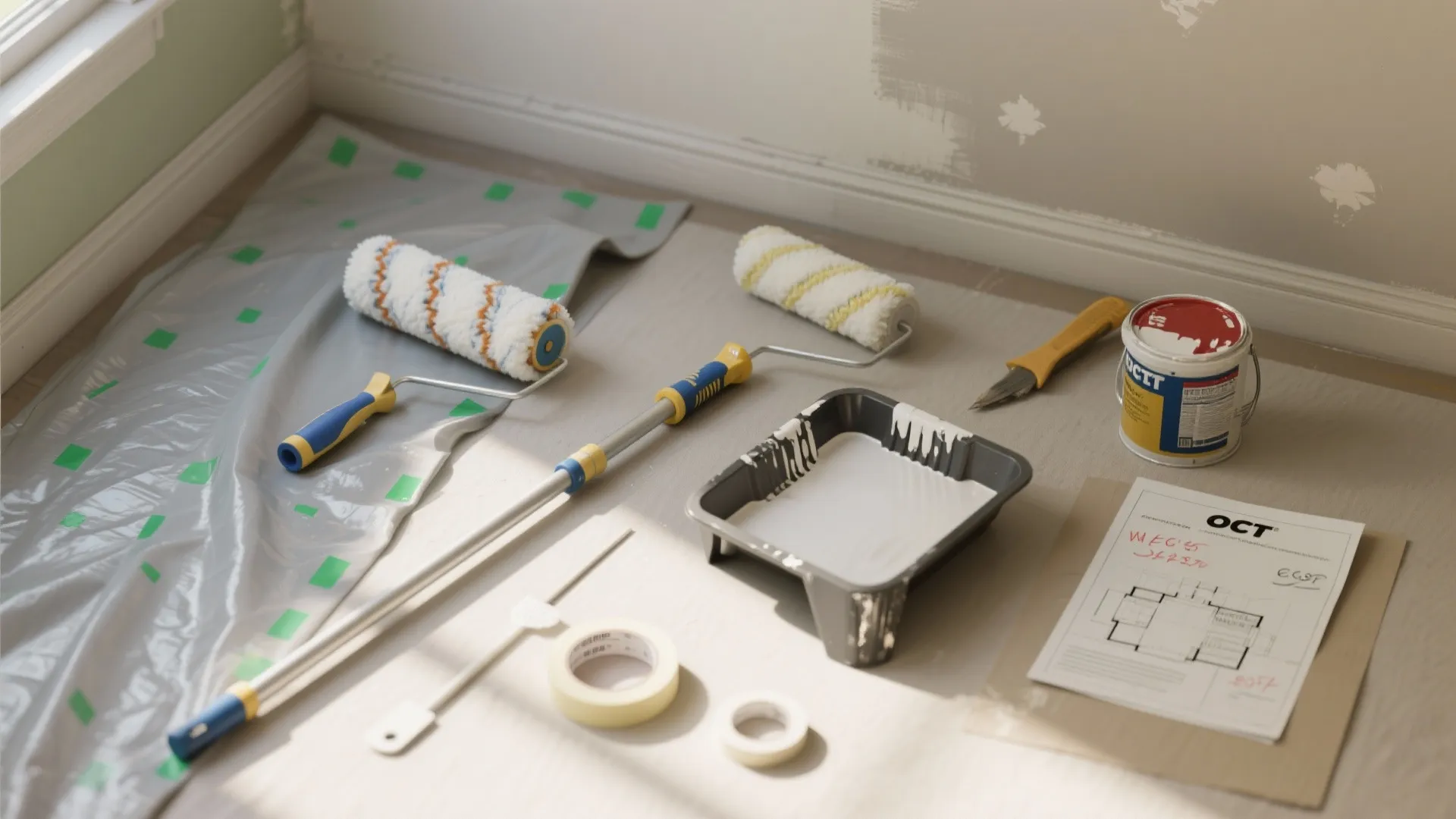 Home painting tools including paint rollers tray tape and floor plan layout on a floor