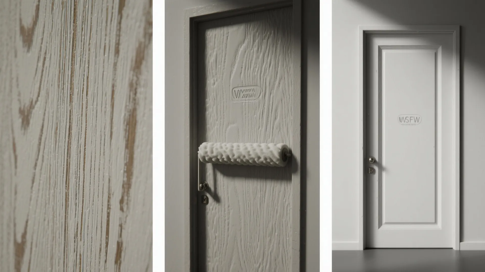 Macro comparison of brush marks, roller texture, and a smooth sprayed finish on painted door panels.