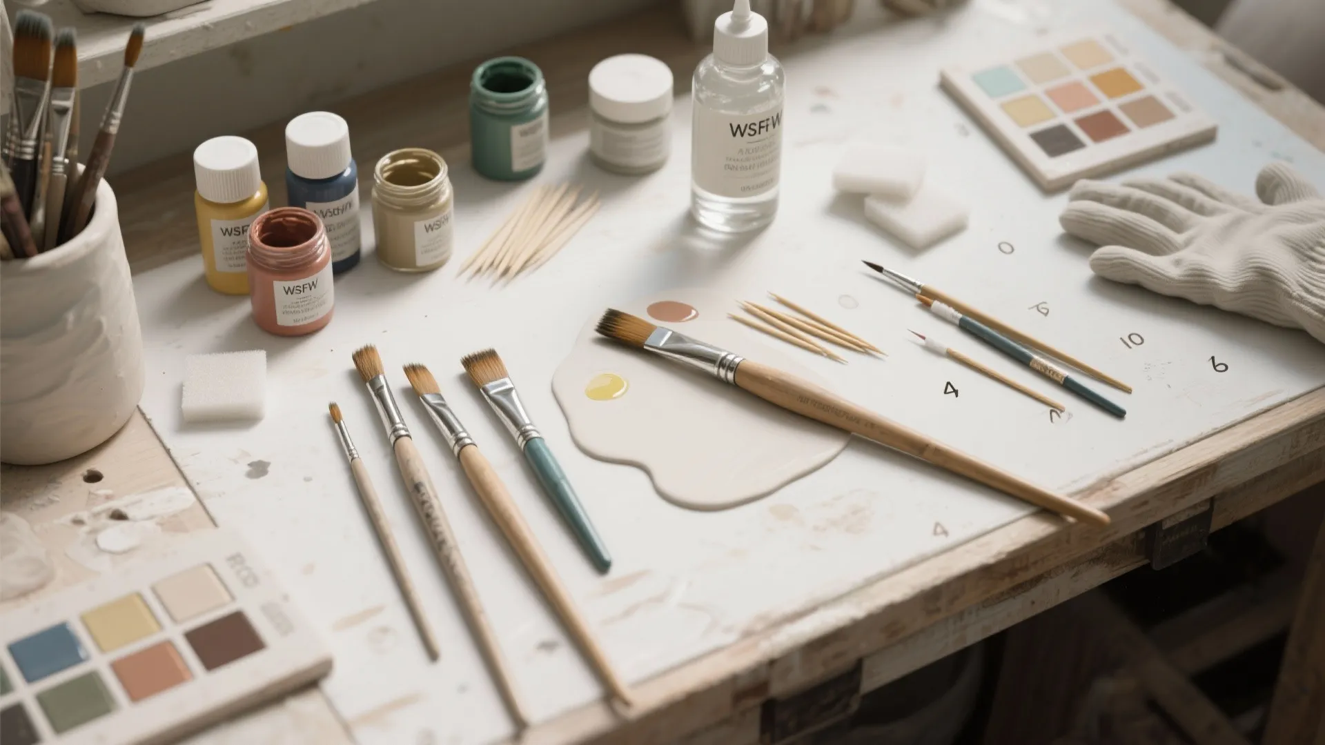 Work desk with paint jars brushes palette toothpicks and gloves for interior model making projects