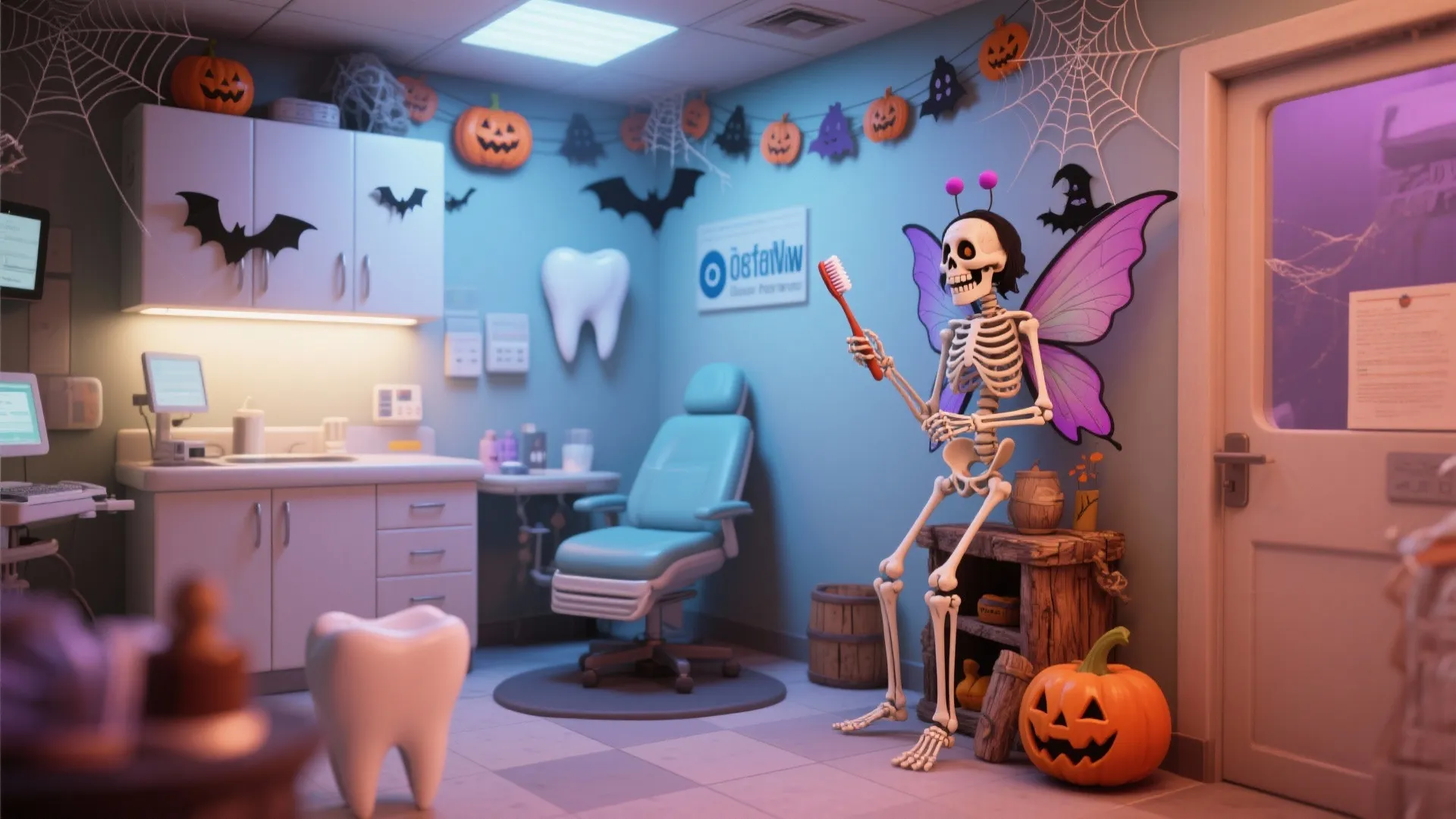 Dental office decorated with a winged skeleton holding a toothbrush next to carved orange pumpkins