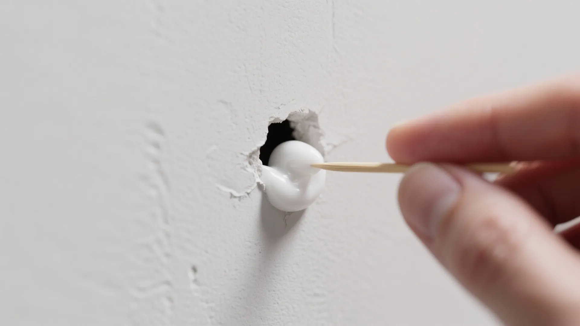 Macro view of a small nail hole in a matte white wall being filled with white toothpaste using a toothpick.