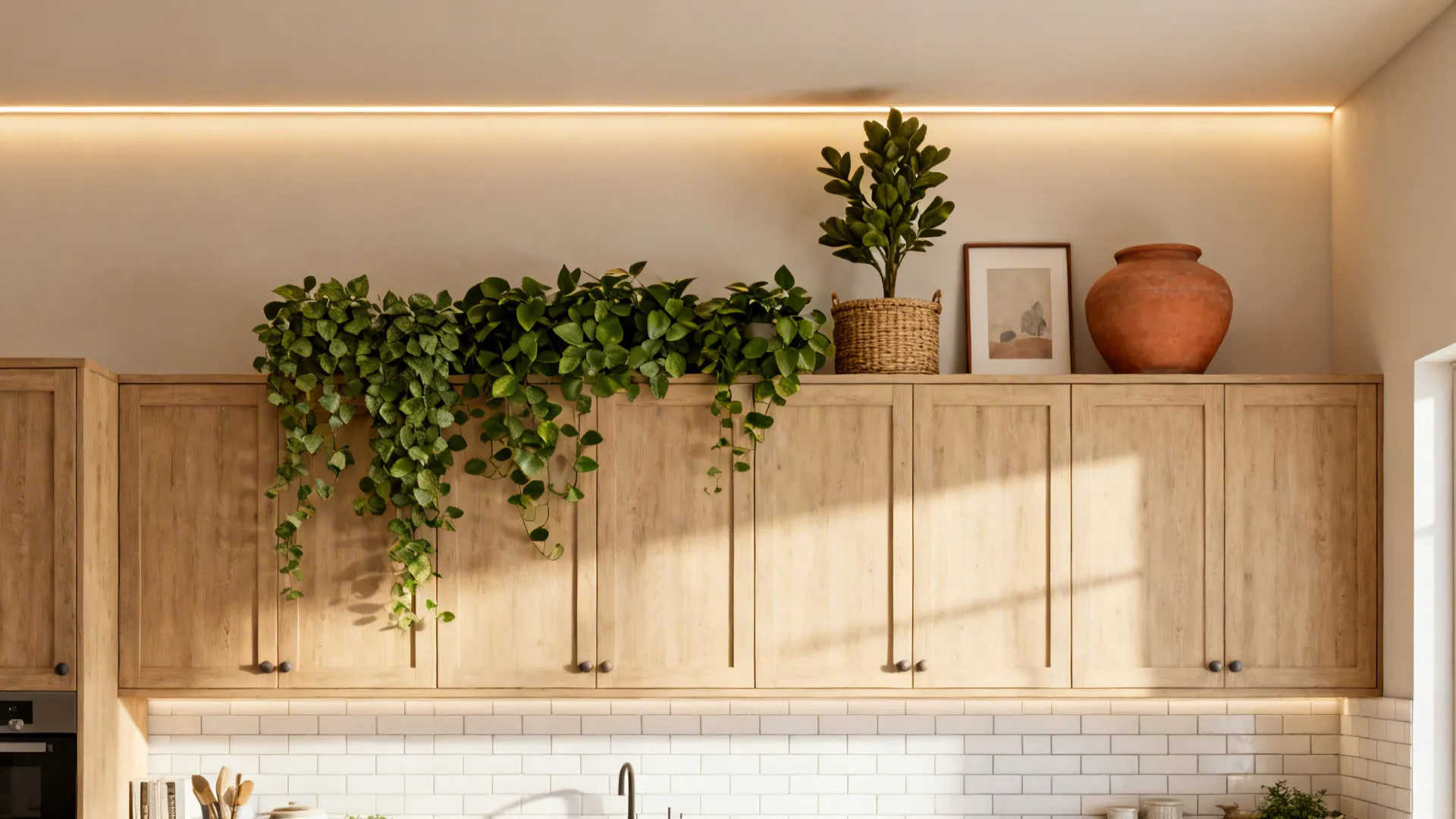 Wood kitchen cabinets topped with green hanging plants, small potted plant, picture frame, and pot
