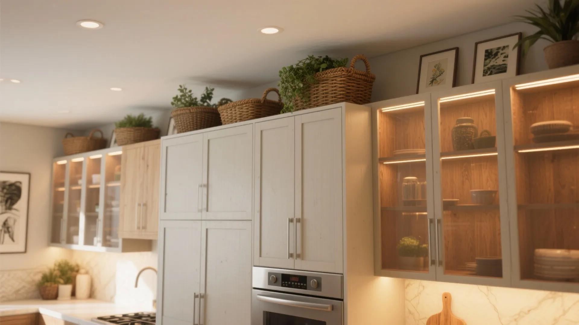 5. Top cabinets with curated decor and lighting