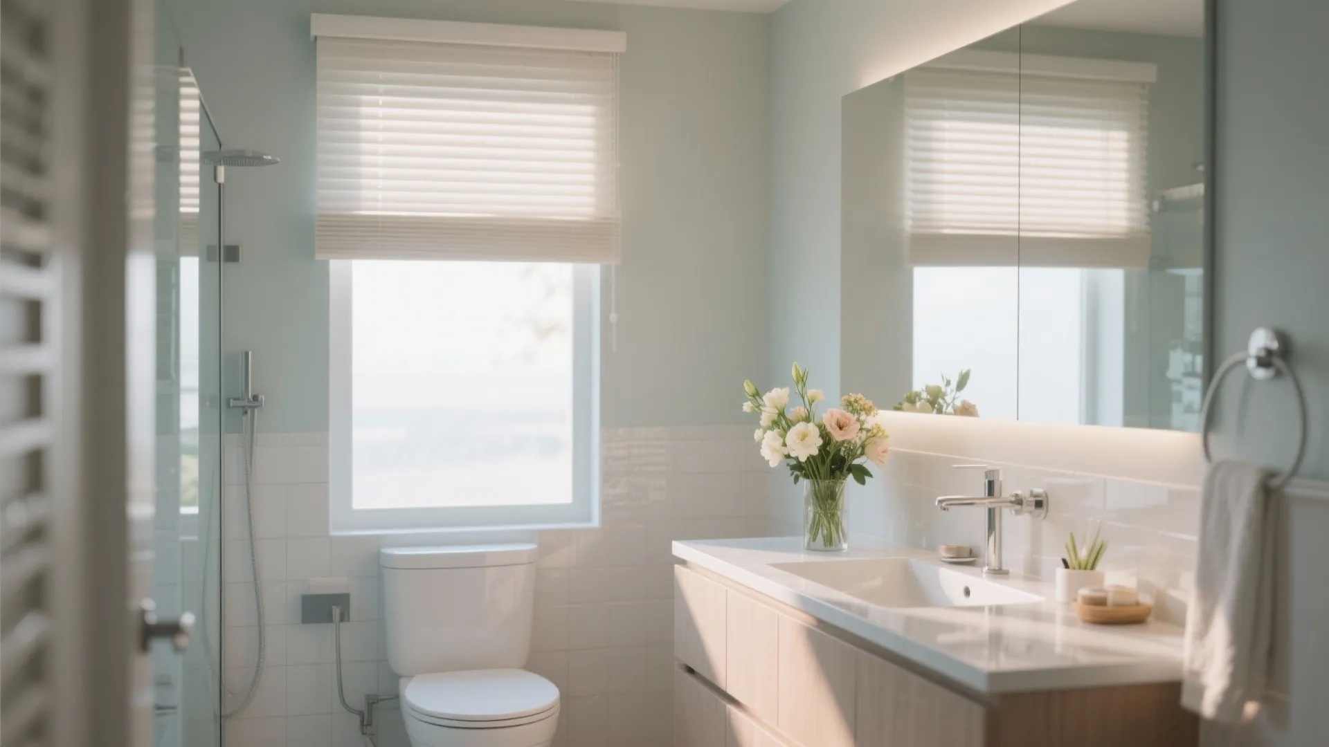 Modern bright bathroom with white toilet wooden cabinet flower vase mirror and soft window light