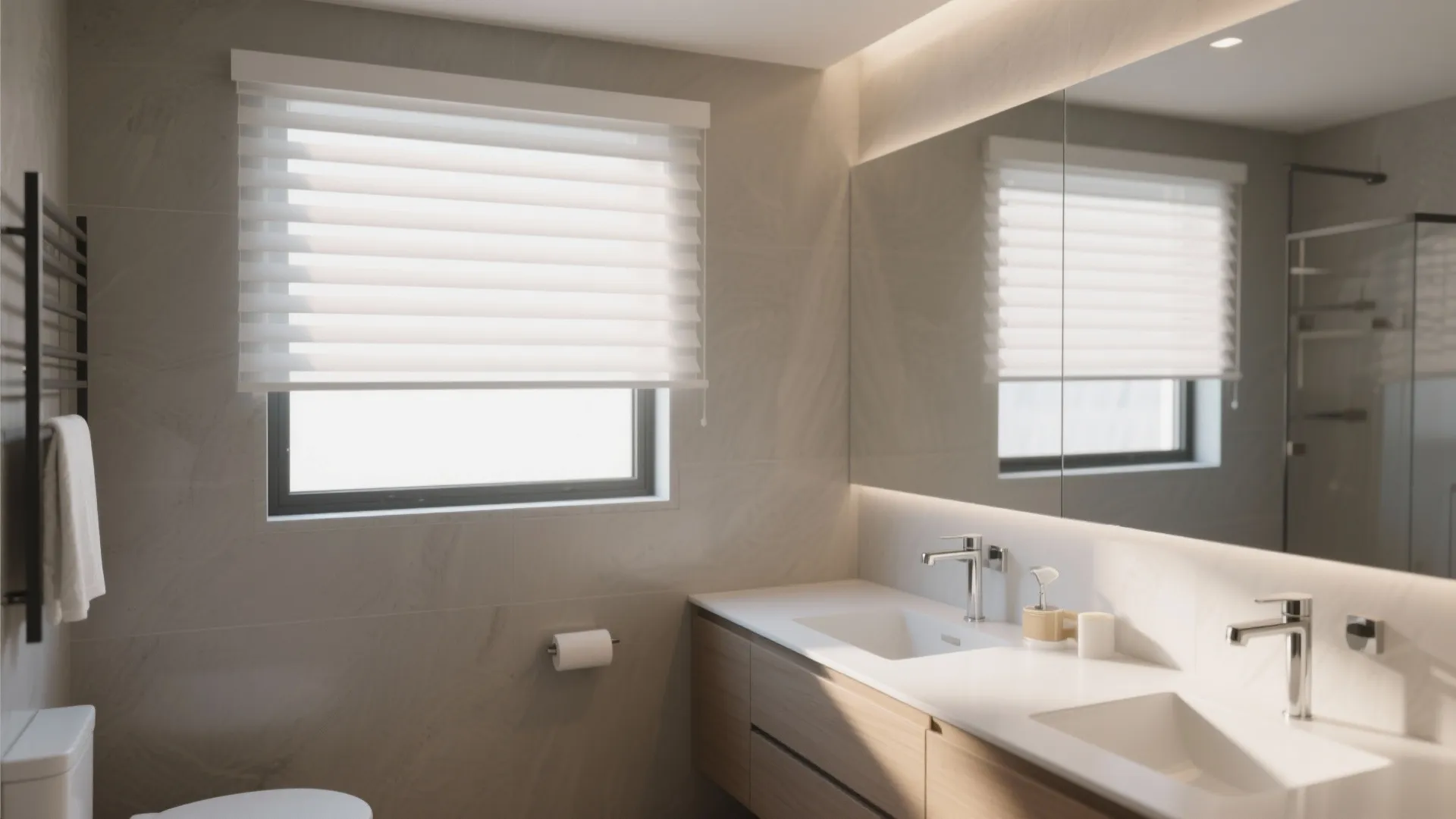 Modern bathroom with white window blinds wooden cabinet large mirror two sinks and warm light