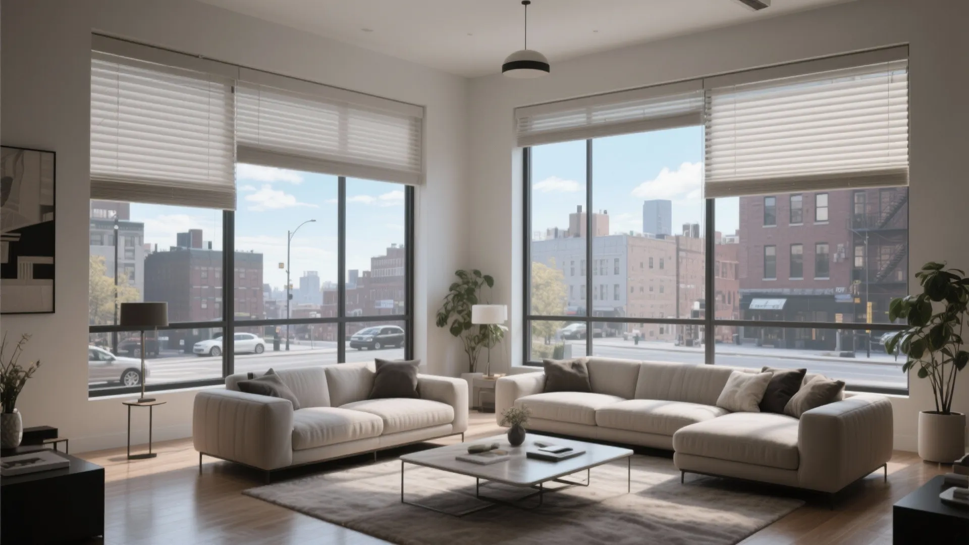 Modern bright living room with white sofas and windows featuring white horizontal blinds and shades