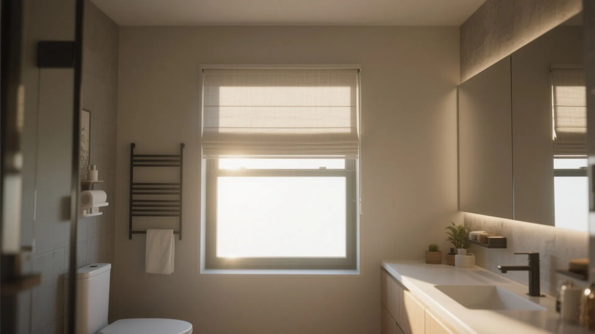 Minimalist bathroom with a white sink and light colored window blind showing warm natural sunlight