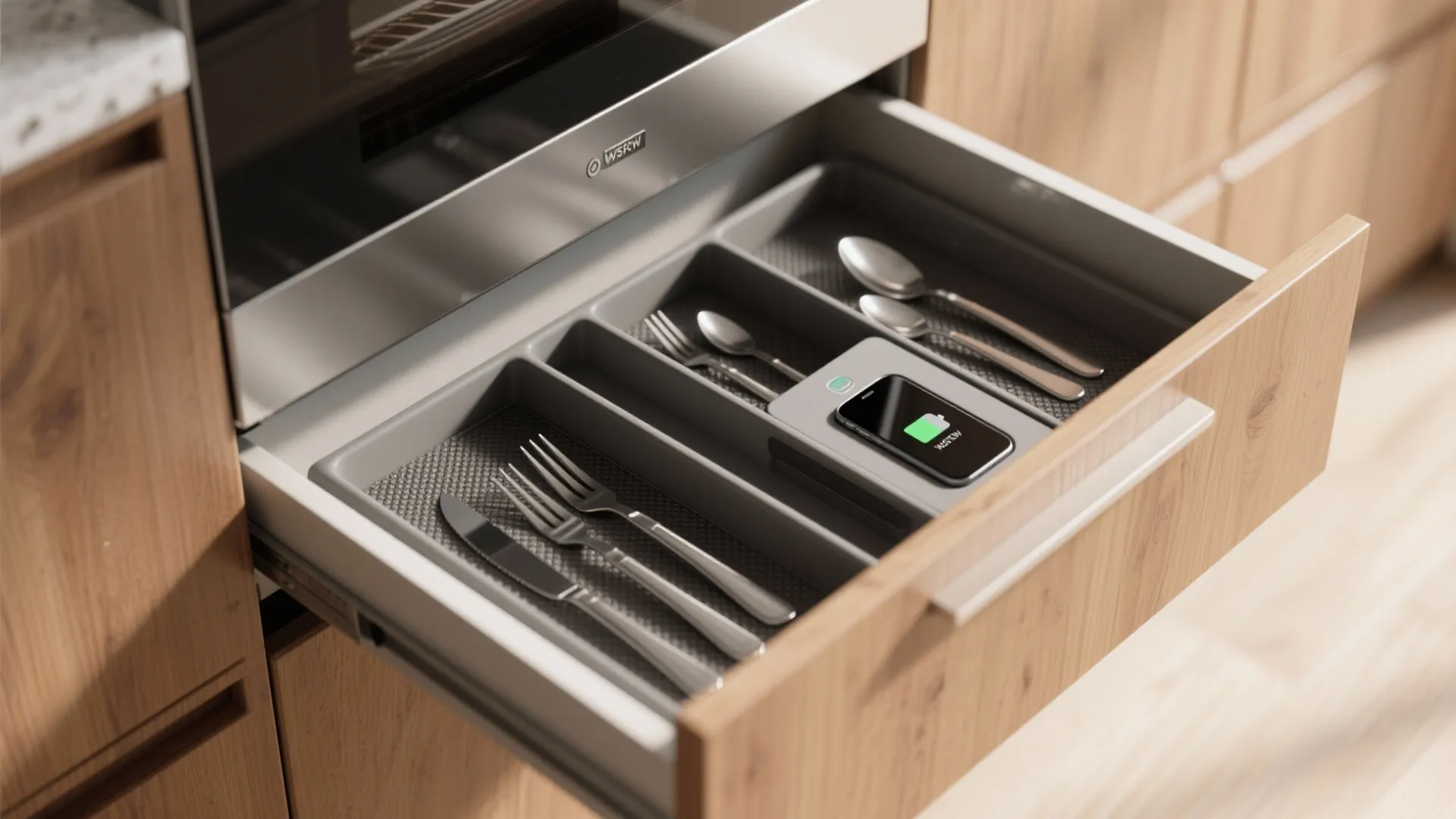 Open wooden kitchen drawer with grey organizer tray for silver spoons forks and charging phone