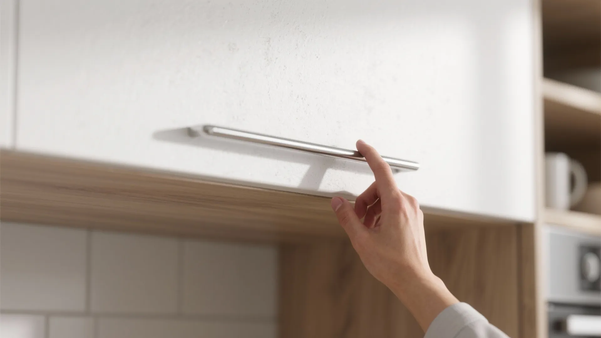 Close up of a hand touching a long silver metal handle on a white cabinet