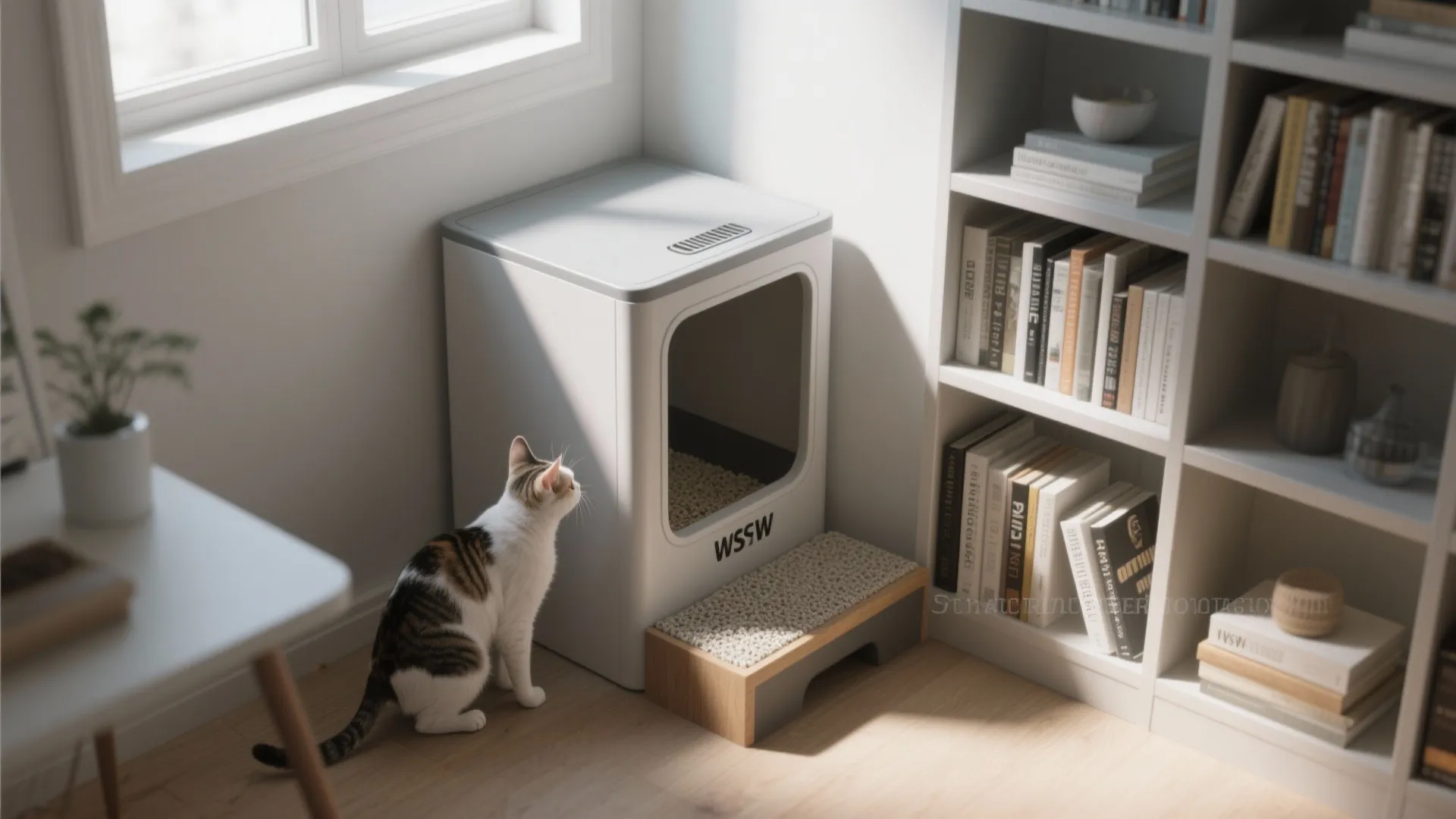 Modern white cat litter box in living room with grey sofa and light wood floor