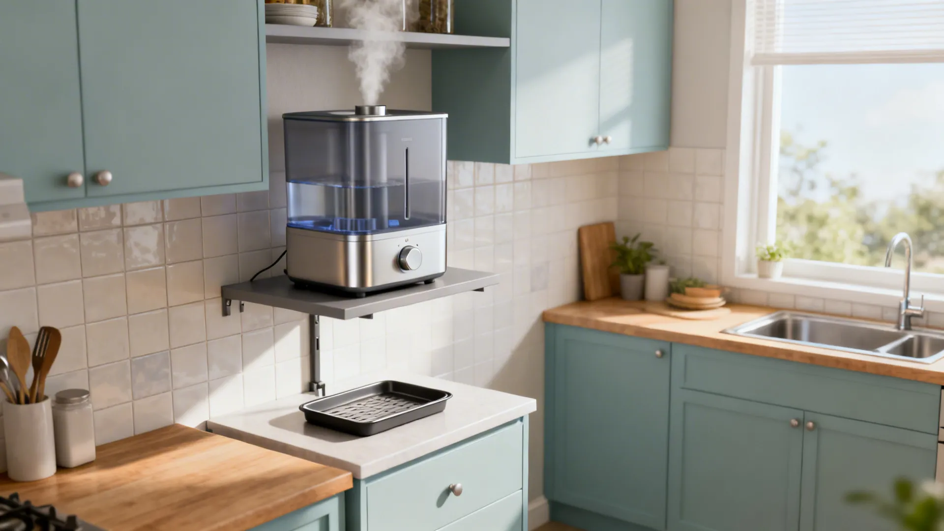 Top-fill humidifier on a high kitchen shelf with drip tray below in a compact kitchen