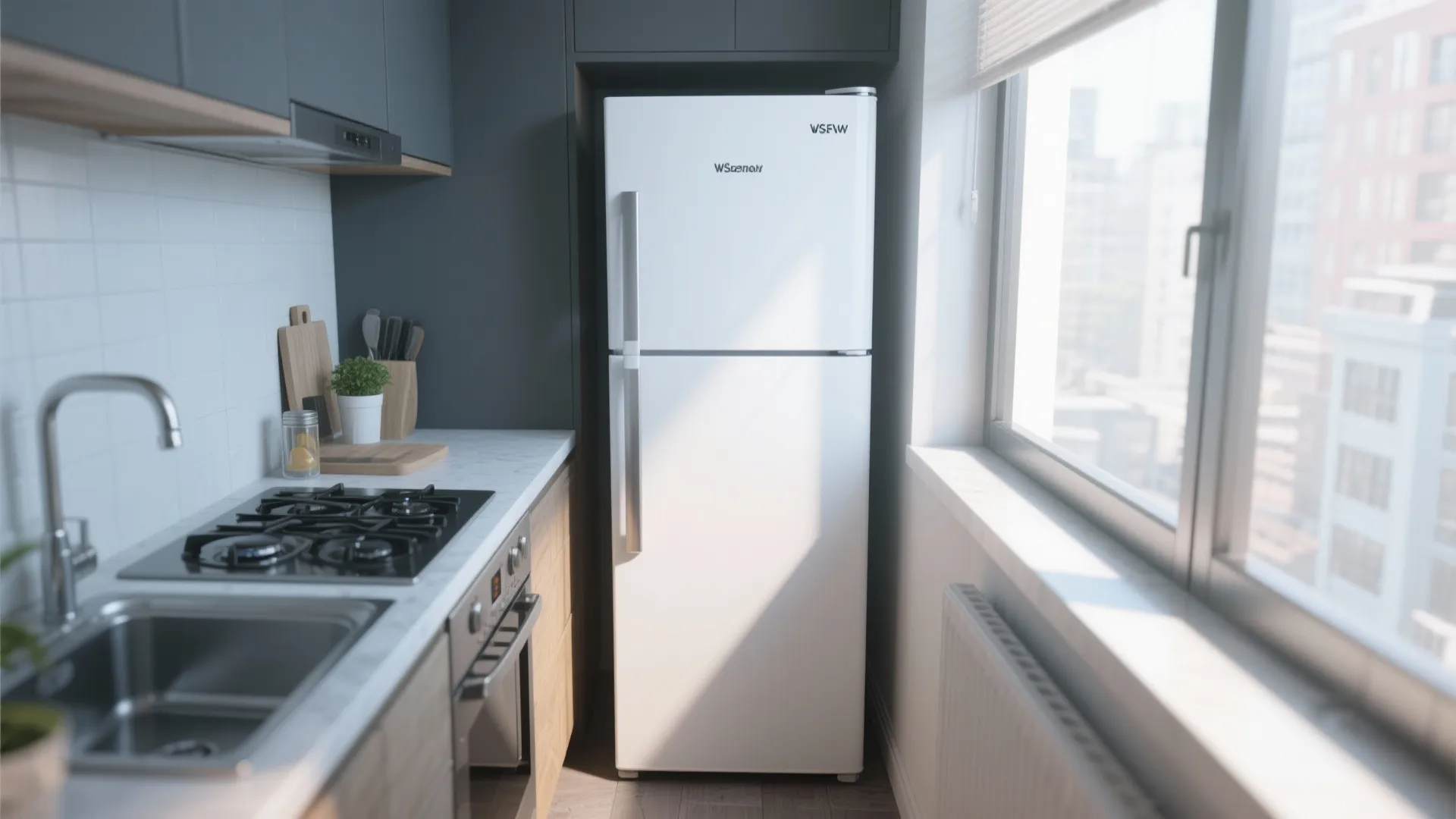Compact top-freezer fridge in a small kitchen corner
