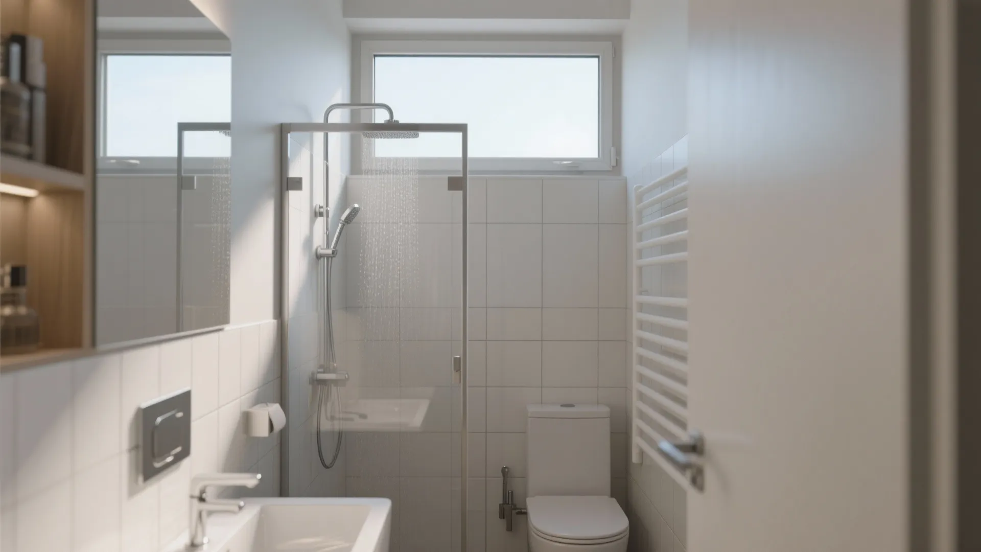 Top-hung aluminium window above shower in modern bathroom