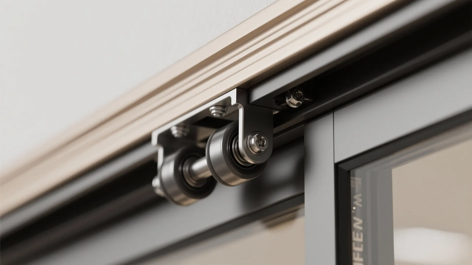 Close up of sliding door roller hardware installed on a metal track for smooth room movement