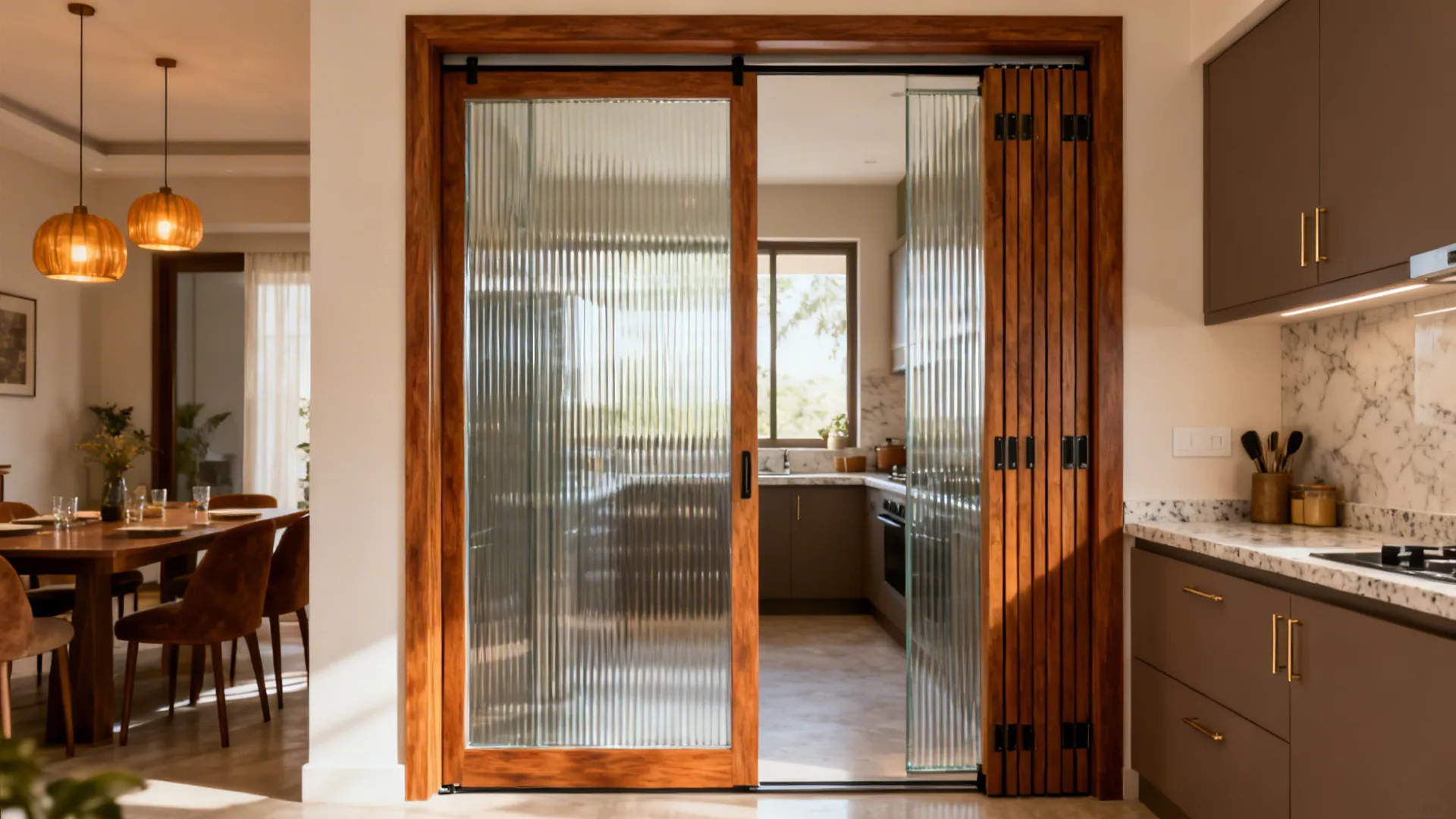 Top-hung fluted glass sliding screen at an open kitchen entrance, with no floor track.
