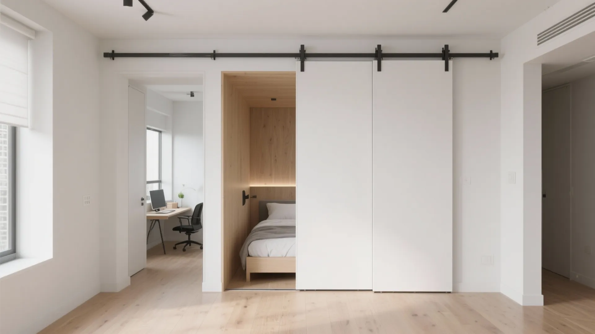 Top-hung sliding panels divide a small studio into sleep and work zones with a clear floor.