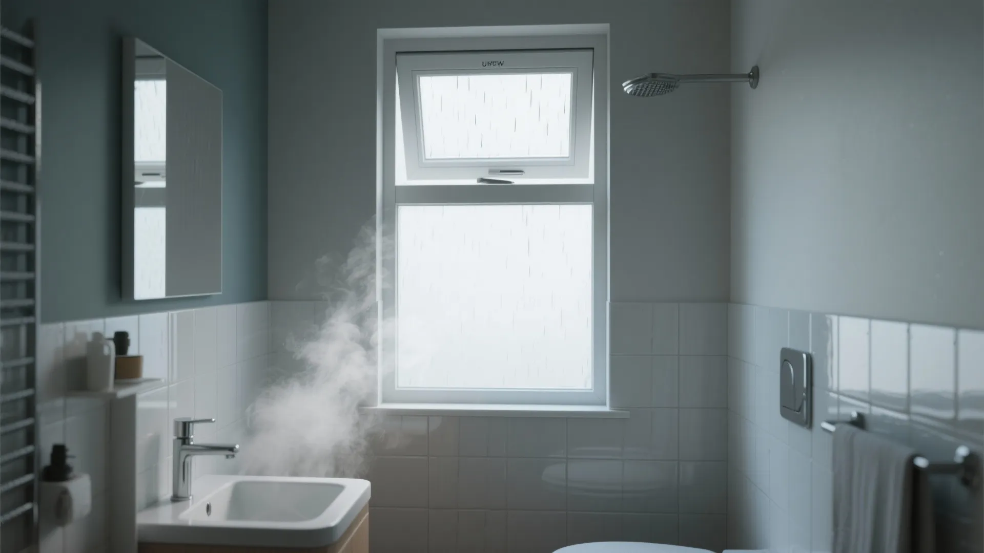 Small bathroom with white sink steam rising and open white roof window showing raining outside weather