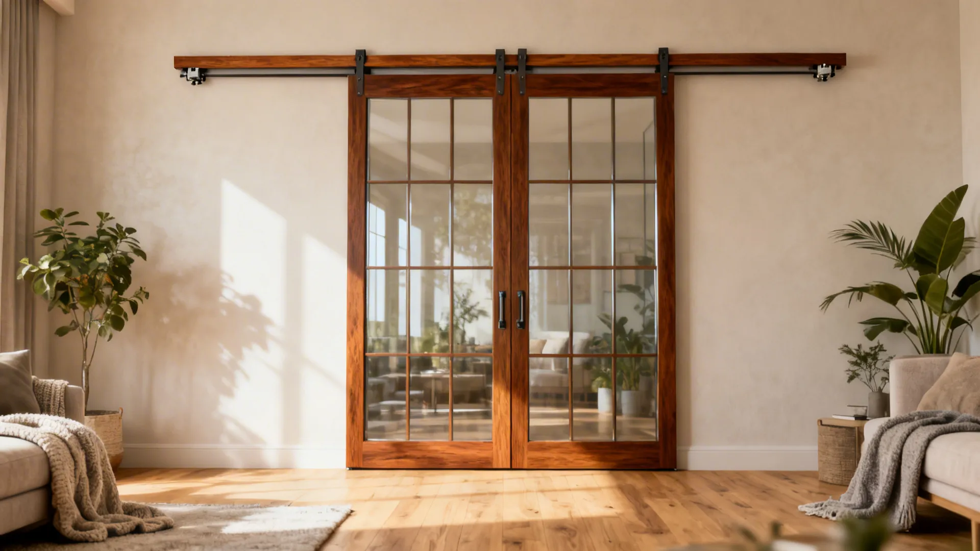 Top-hung glass barn door with warm wood trims and an exposed rail in a bright living room.