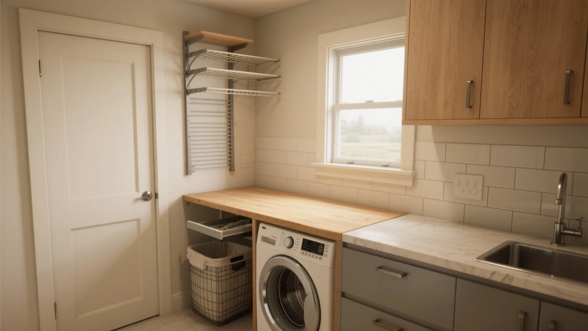 Laundry room interior with washing machine wooden counter wall shelves grey cabinets and small window