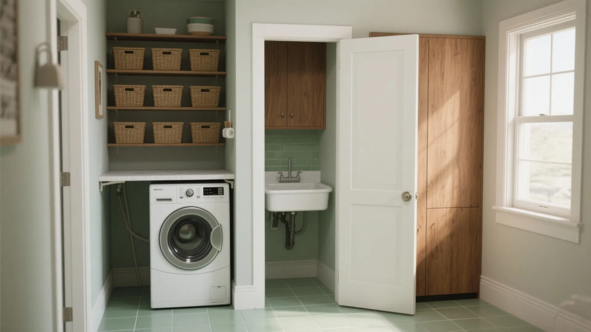 Green laundry room with washing machine shelves with baskets a small sink and wooden cabinet