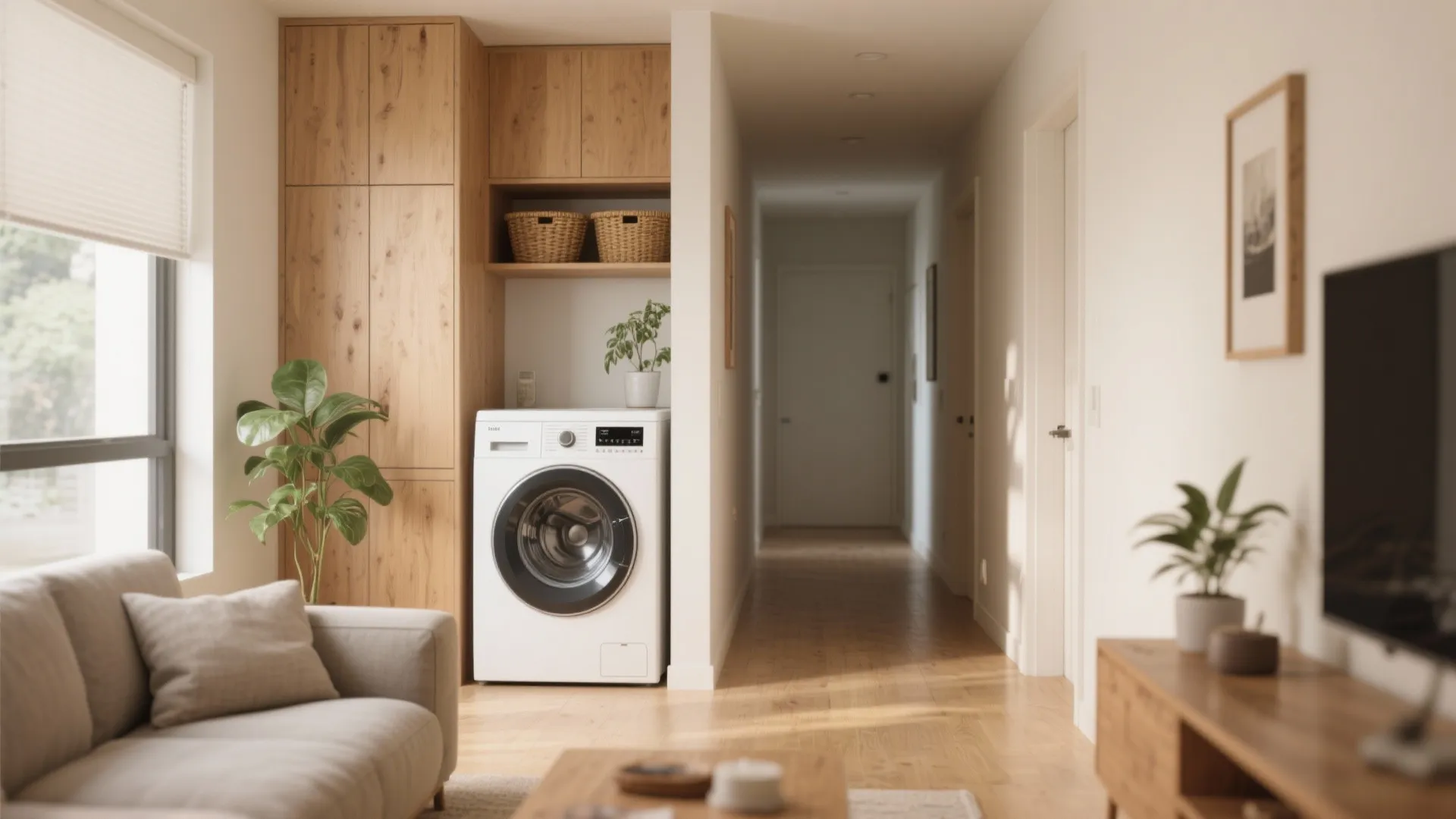 Modern laundry area with white washing machine built into wooden cabinet next to a hallway