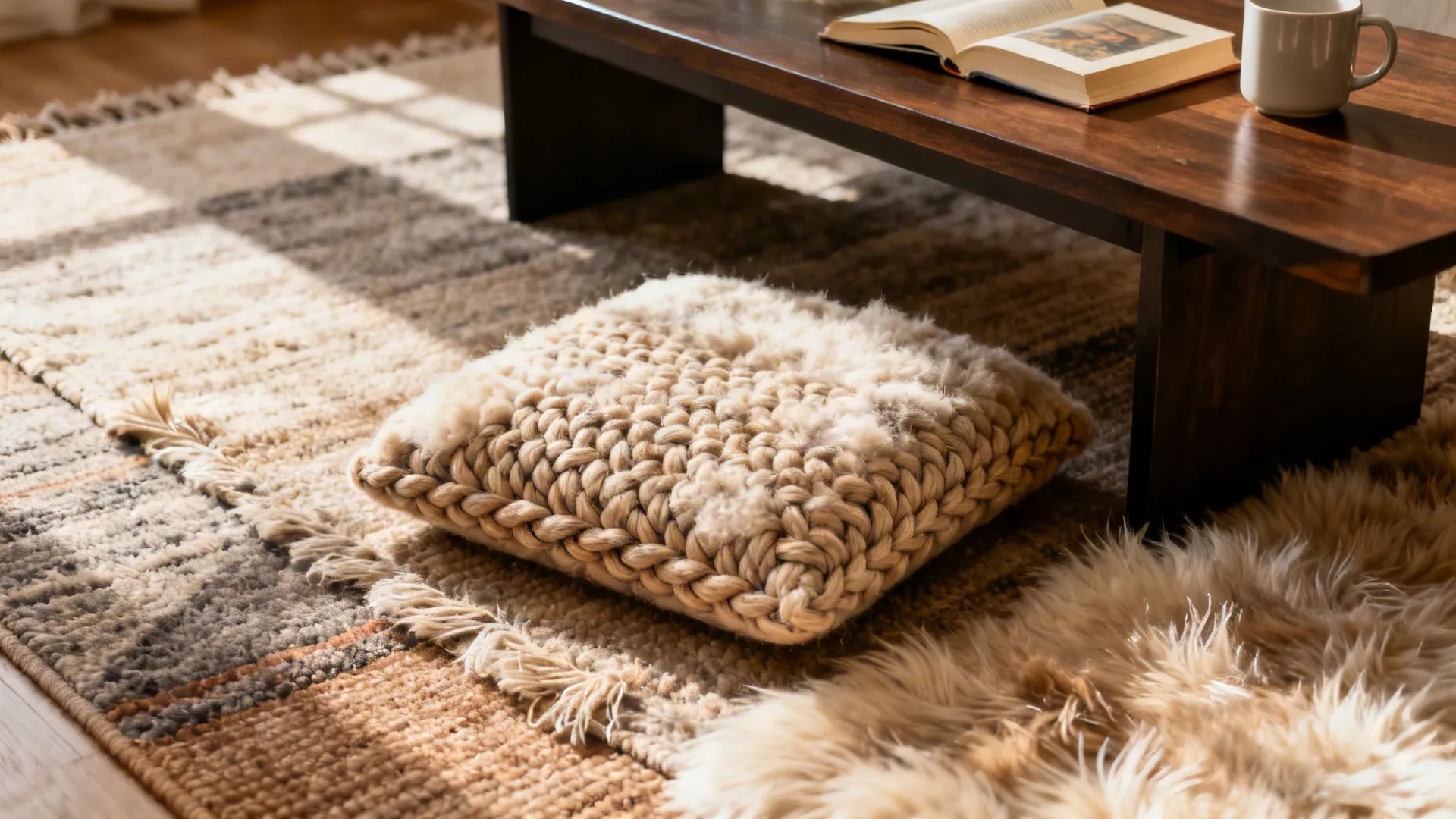 Close up of a thick knitted floor cushion on top of a patterned textured rug