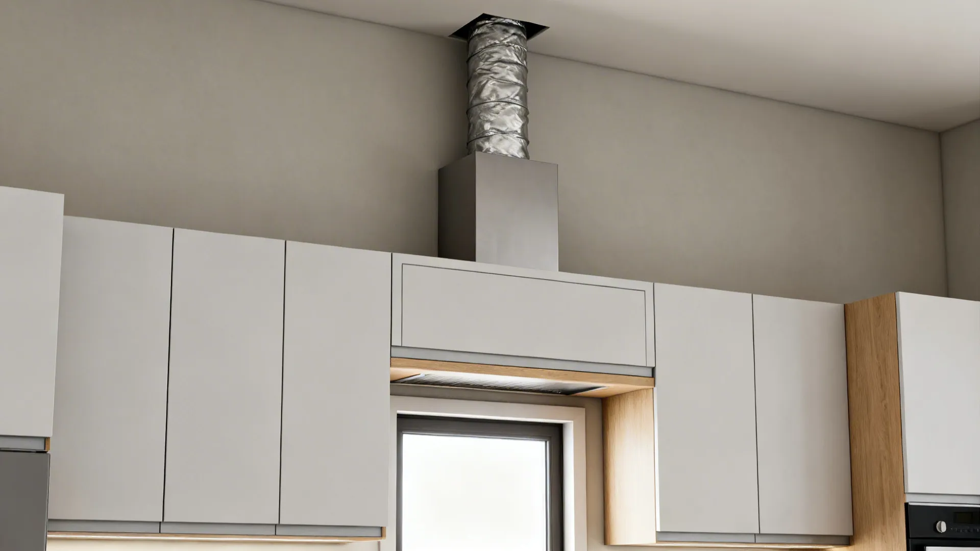 Modern kitchen with a chimney hood venting vertically through an upper cabinet chase above a low window.