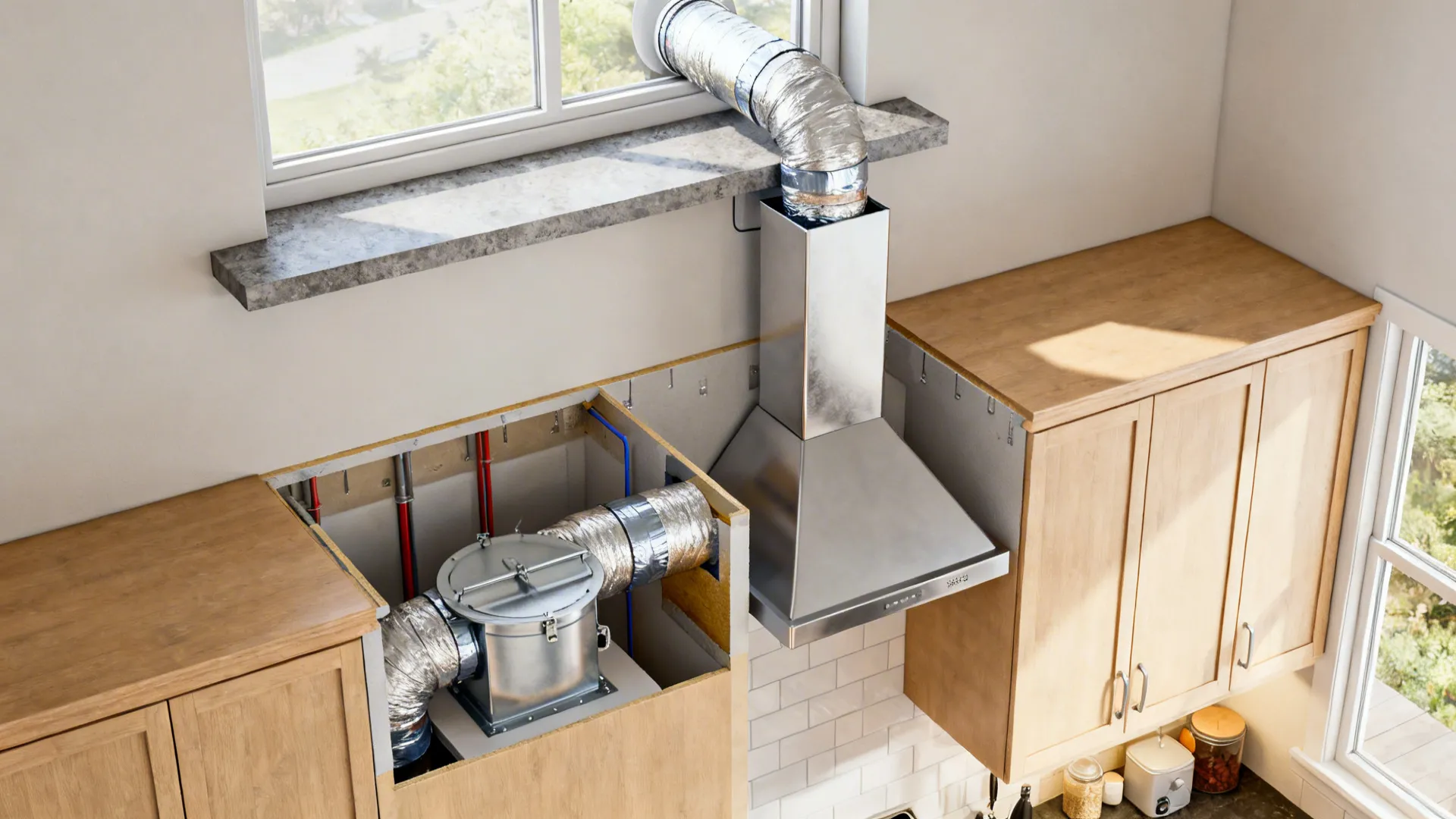 Top-down cutaway showing a chimney venting vertically through an upper cabinet with insulated rigid duct and damper.