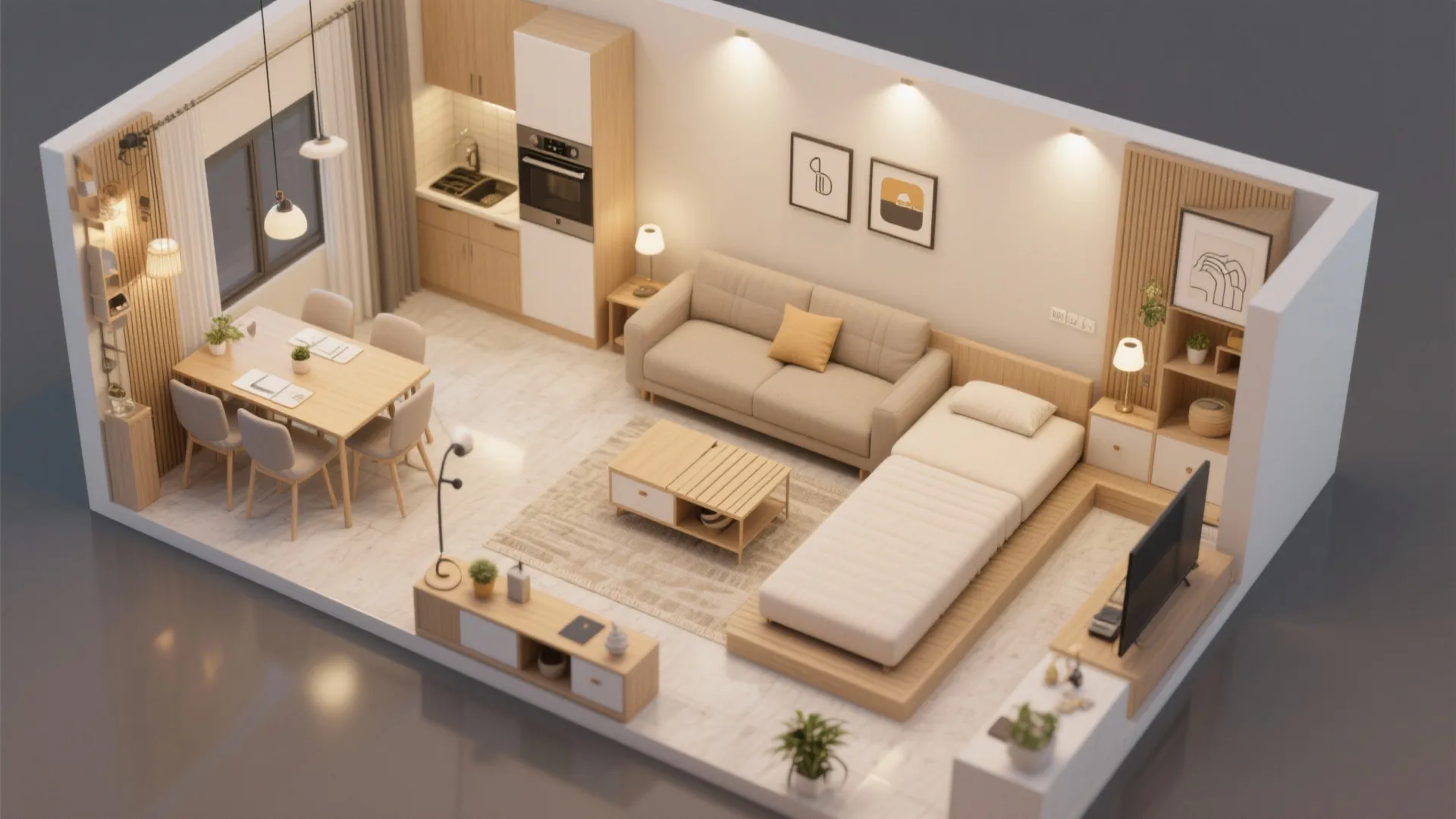 Adaptive living room: sofa-bed + foldable dining