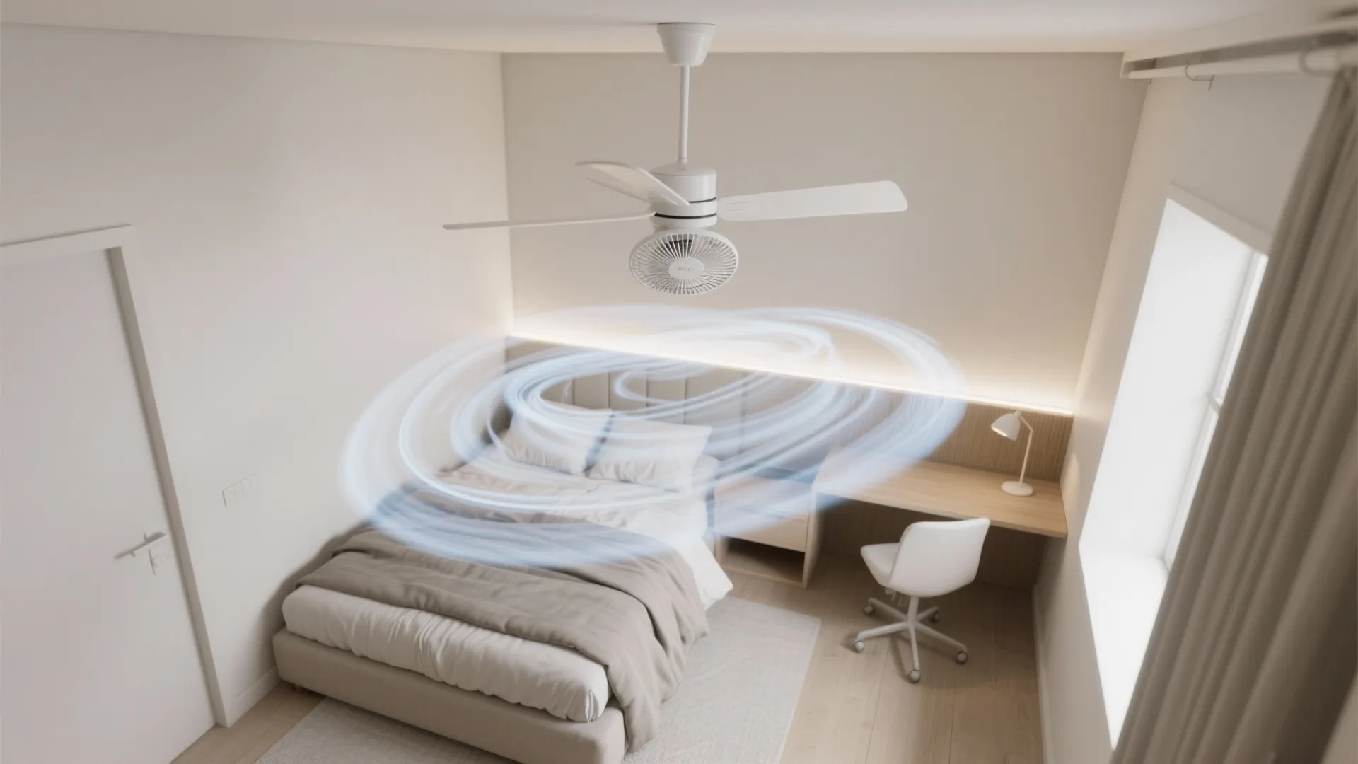 Right-size blade span and honest airflow (CFM) for small rooms