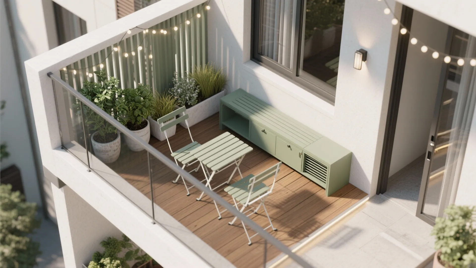 Top down view of small balcony with green table chairs cabinet plants and string lights