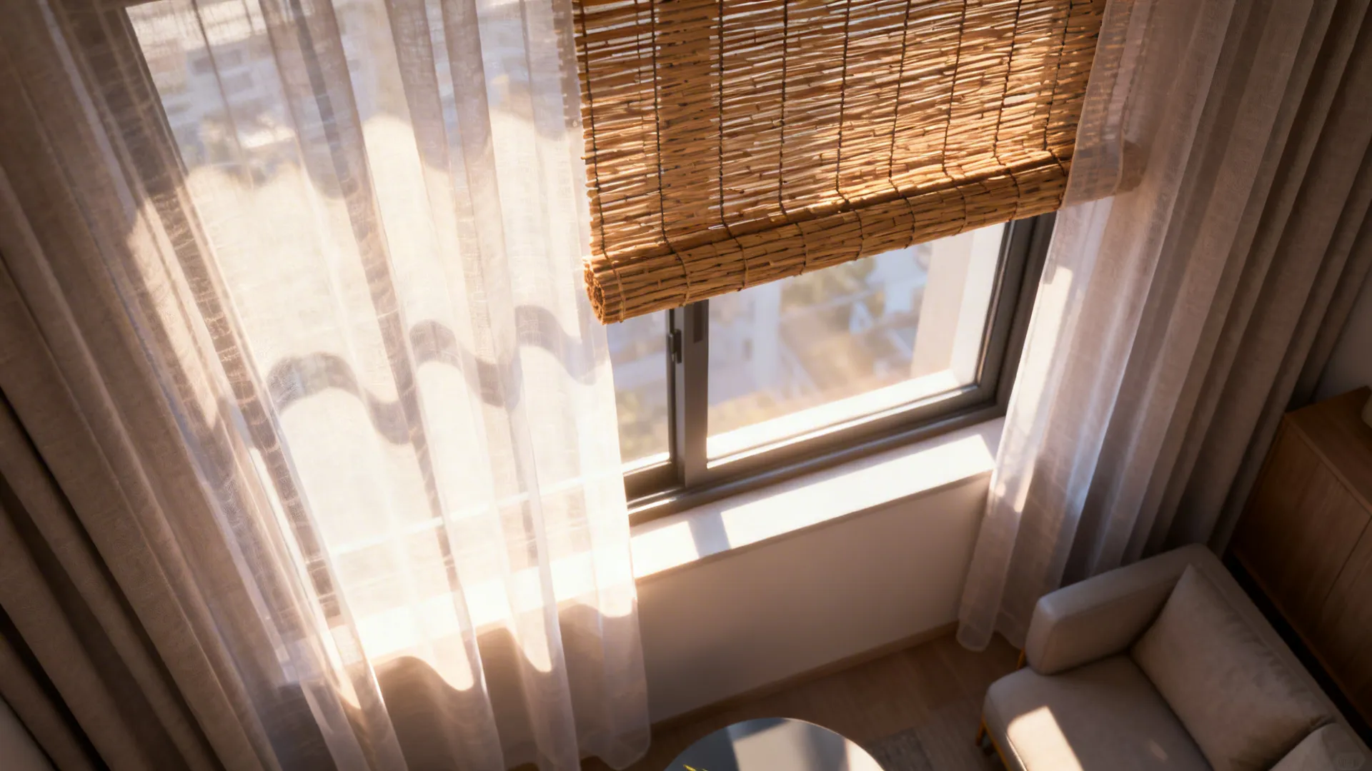 Top view of a window with bamboo blind and white sheer curtains next to sofa