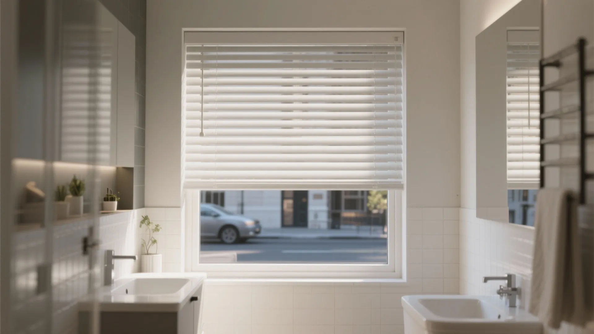 Clean white bathroom with horizontal window blinds showing a street view between two white ceramic sinks