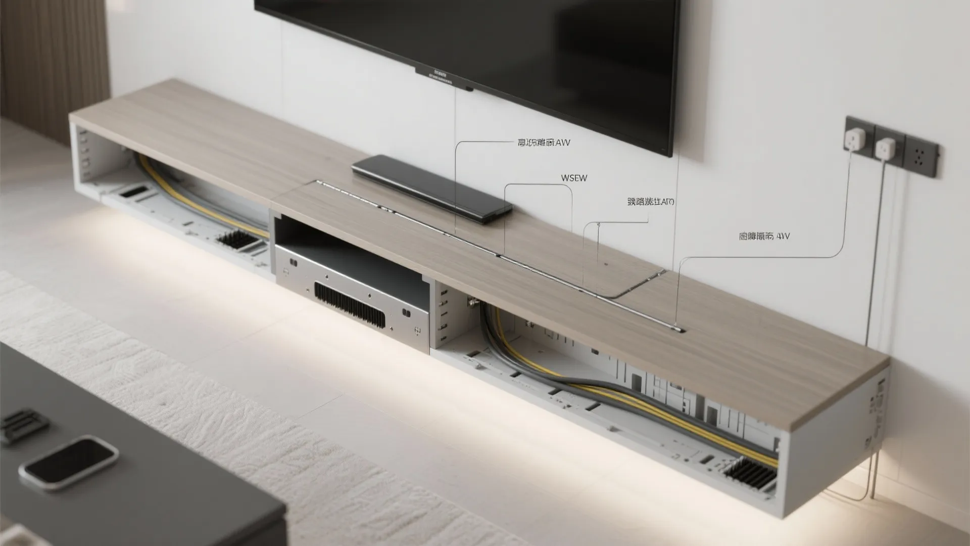 Floating TV unit with hidden cable channel