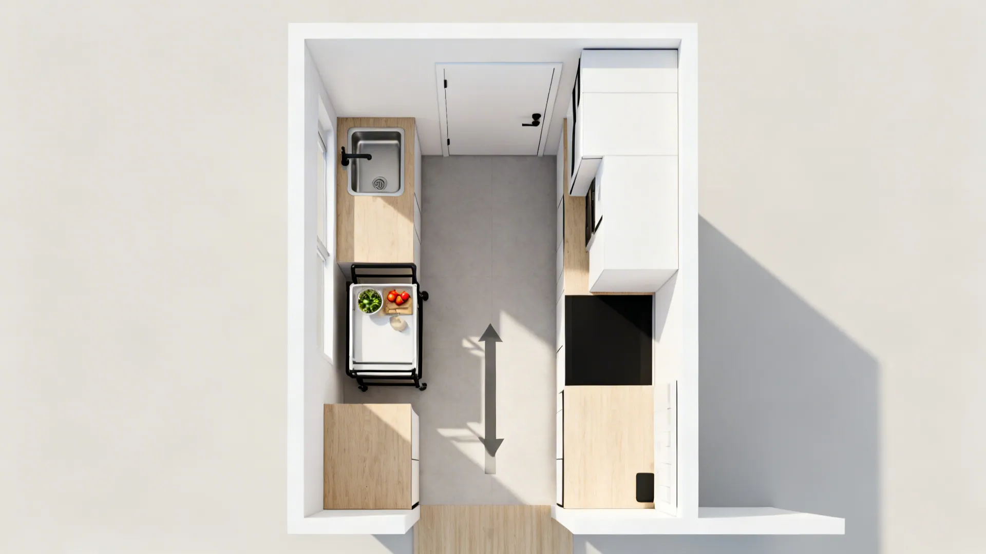 Top-down view of slim sink and portable cart layout with clear aisle in a 5x7 kitchen.