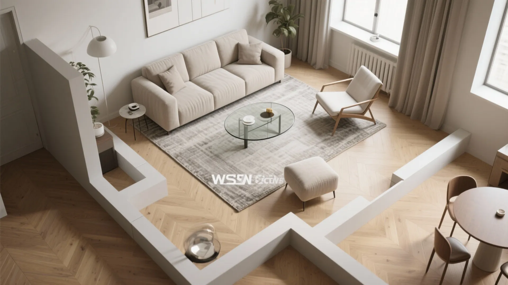 Modern open living room interior design with beige sofa glass coffee table and wooden flooring