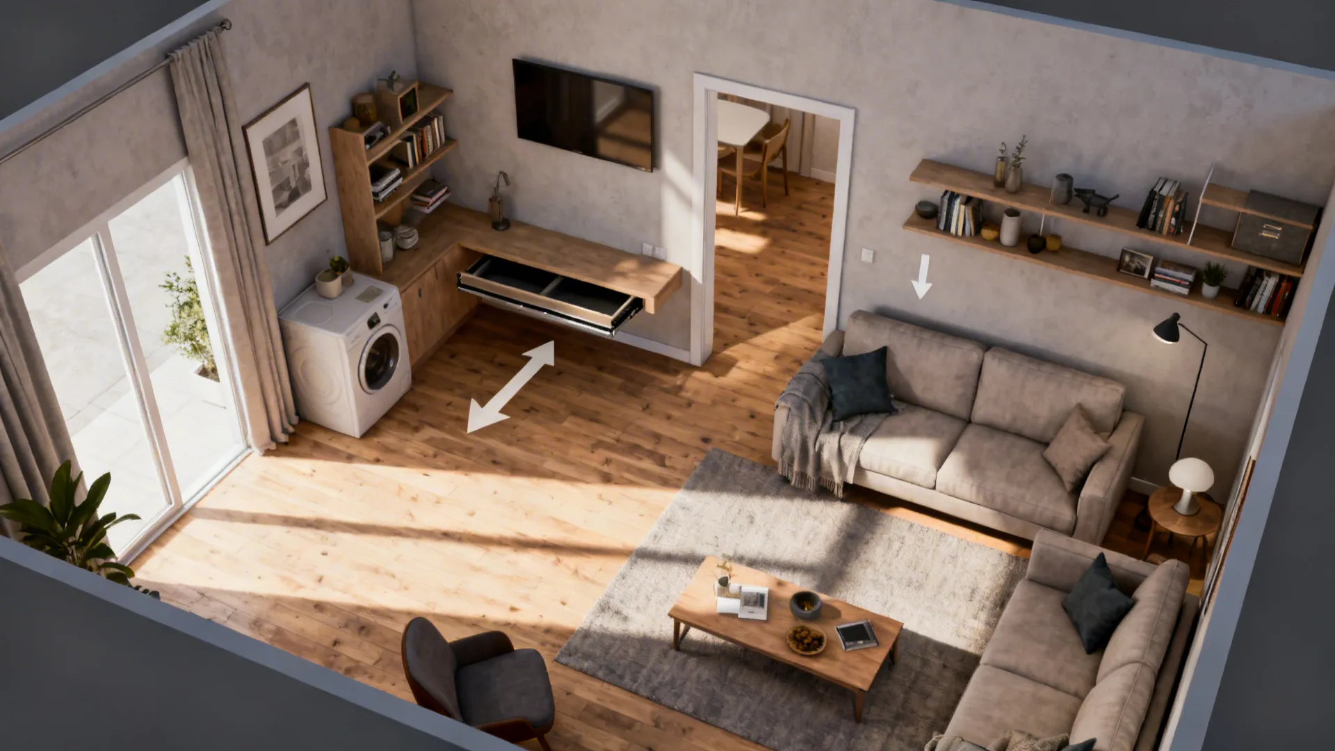 Top-down view showing circulation and fold-down console clearance in a small living room.